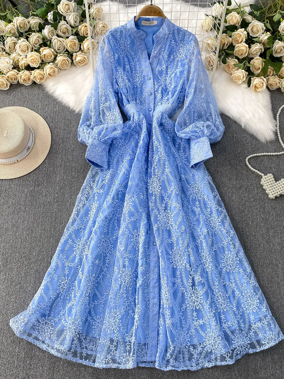 Autumn Embroidery Formal Evening Luxury Dress For Women Long Sleeve Crochet Lace Summer Dresses Single Breasted Party Vestidos