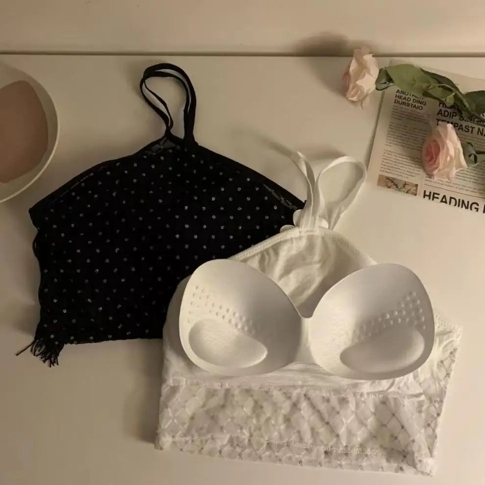 Decorative Halter Top with Padded Cups, Long Tassel, Pearl Sparkling Diamond, Retro Millennial Style, Sexy Halter
