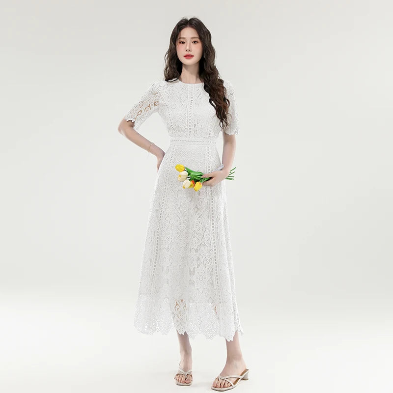 High Quality Lace Hollow Out Women Long Elegant Office Dress Summer French Chic Casual Vintage Purple Short Sleeve A-line Dress