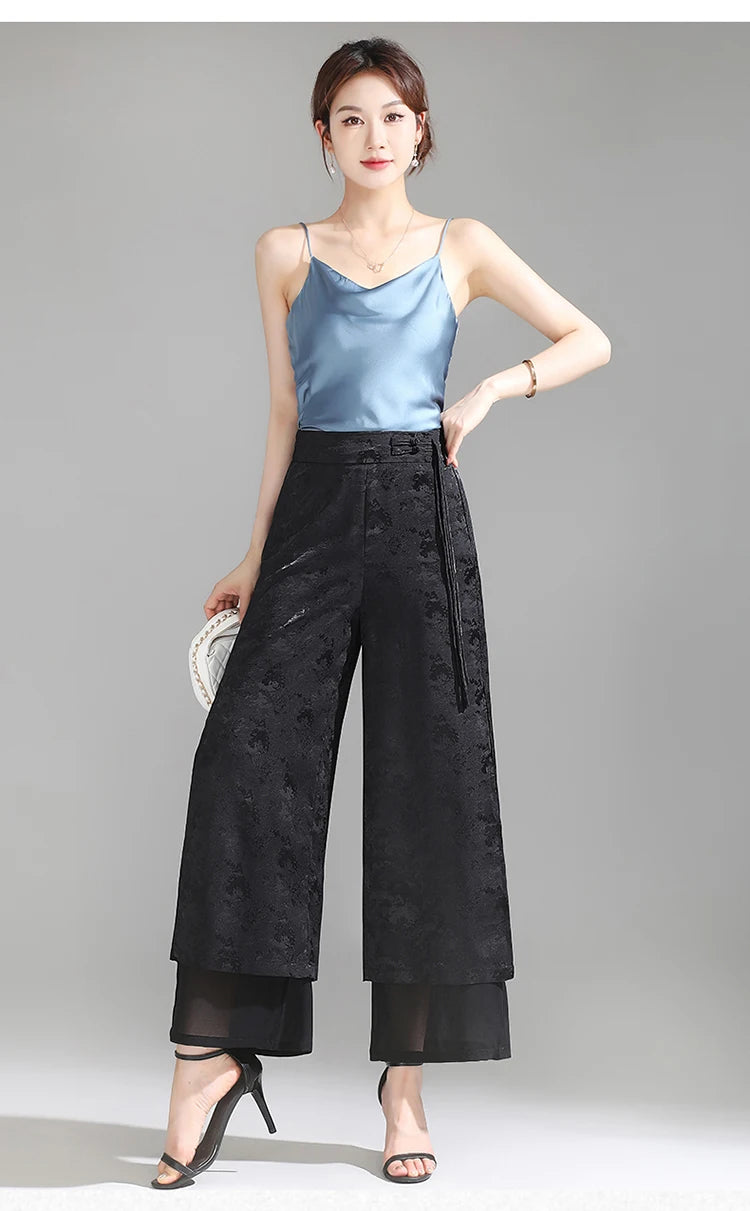 Chiffon Wide Wide Trousers Female Elegant Vintage New Pants Summer Thin Split Loose Skirt Pants Women Black Green