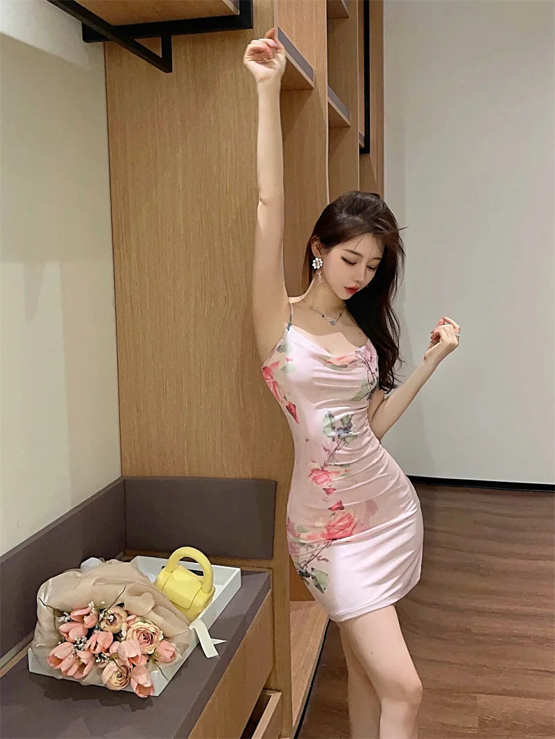 Summer Pink Floral Chic Sling Sexy Club Mini Dress Women Elegant Bodycon Hip Wrap Dress 2025 Korean Fashion Luxury Party Dresses