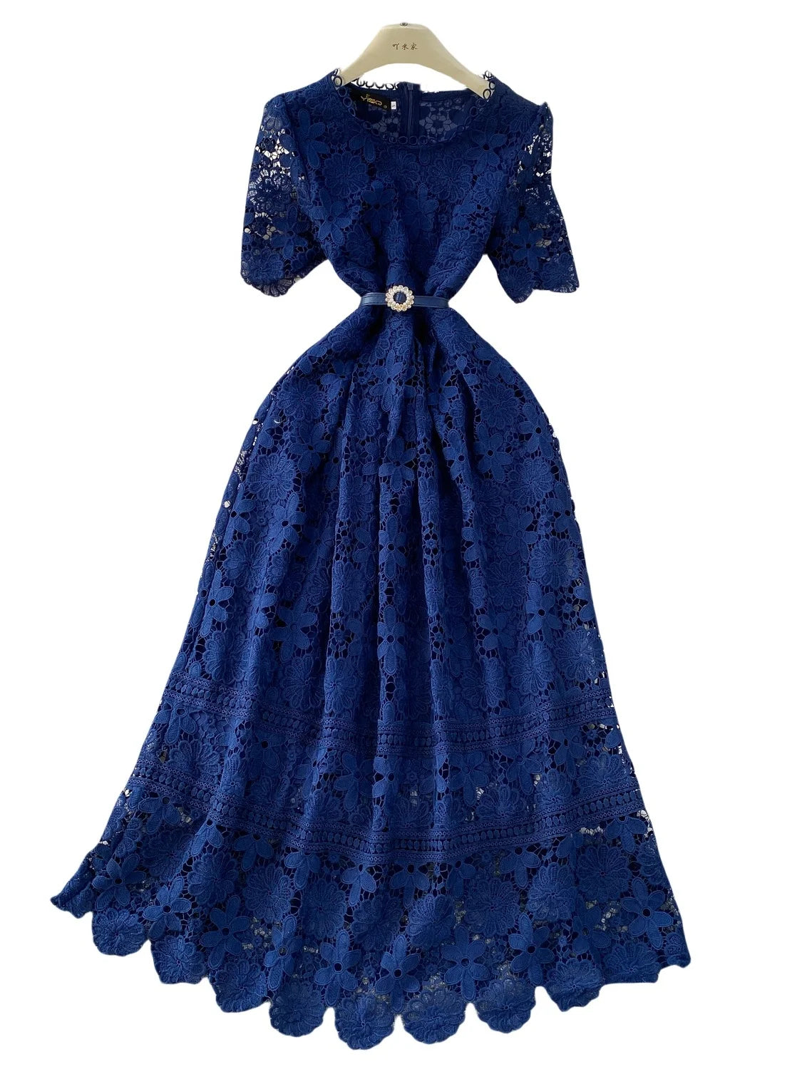 Brand Design Summer Embroidery Lace Long Dress Women Hollow Out Short Sleeve Midi Dresses Lady Belt Prom Evening Party Vestidos