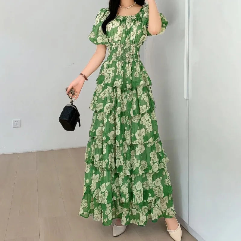 OCEANLOVE Women Dresses Puff Sleeve Print Floral Beach Style Elegant Vestidos Mujer Spring Summer Fashion A-line Long Dress