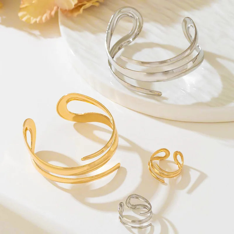 Stainless Steel Water Drop Bangle Ring Set for Women Luxury Geometric Teardrop Open WristCuff Irregular Twisted Bracelet Jewelry