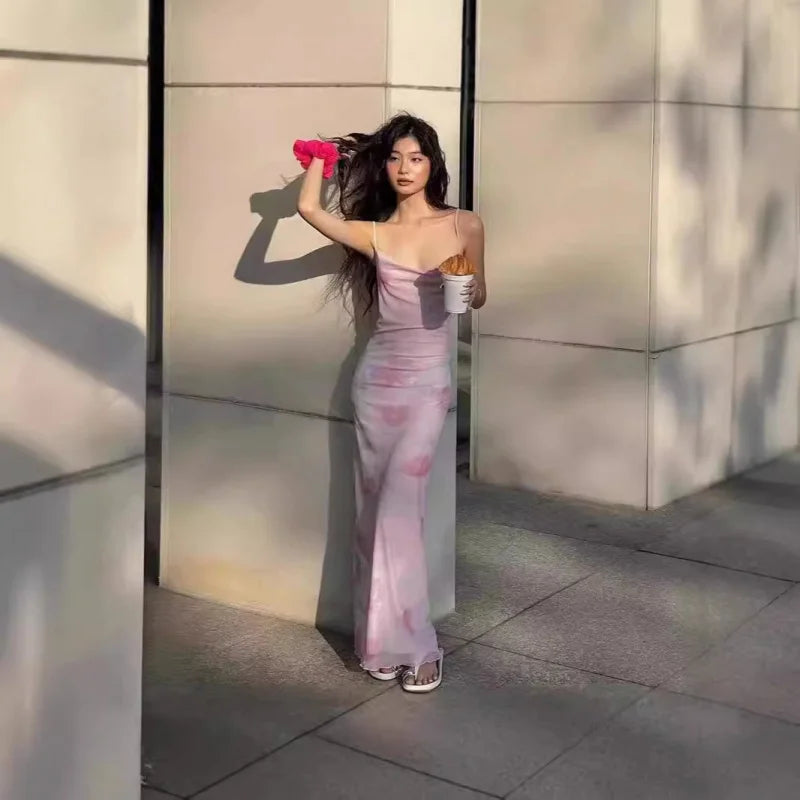 European and American Women's Fashion New Sweet and Spicy Style Off-Shoulder Mesh Printed Long Camisole Dress