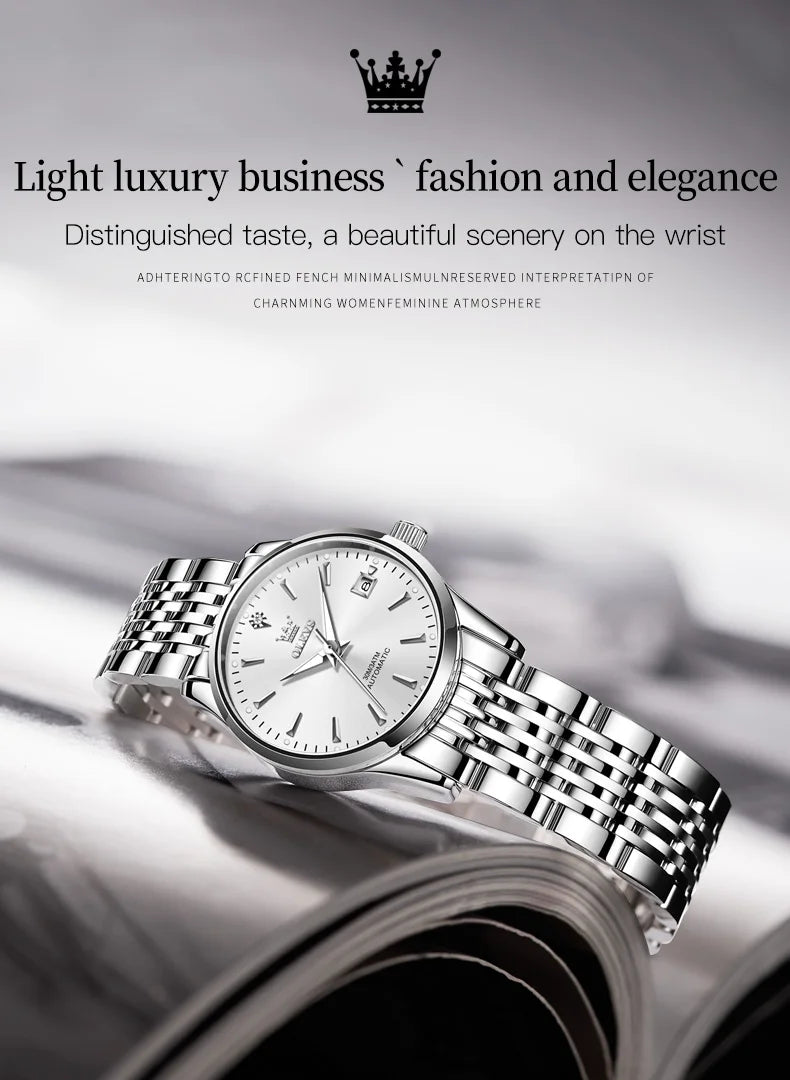 OLEVS 6635 Luxury Brand Ladies Watch Automatic Mechanical Wristwatch Waterproof Stainless Steel Watch For Women Chronograph Date