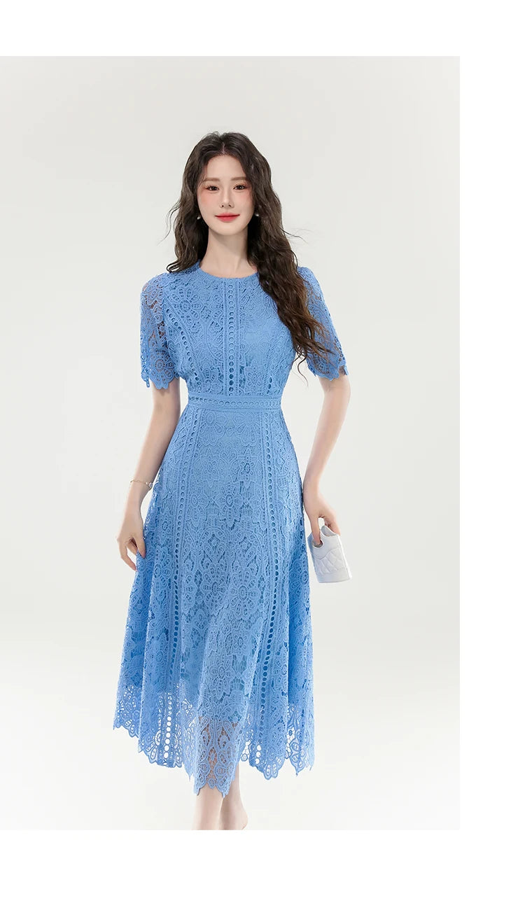 High Quality Lace Hollow Out Women Long Elegant Office Dress Summer French Chic Casual Vintage Purple Short Sleeve A-line Dress