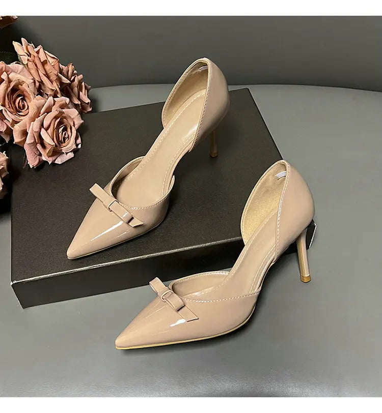 New Autumn Patent Leather Nude High Heels Thin Heel Pointed Bow Korean Version Summer Senior Feeling Hollow Female Pumps
