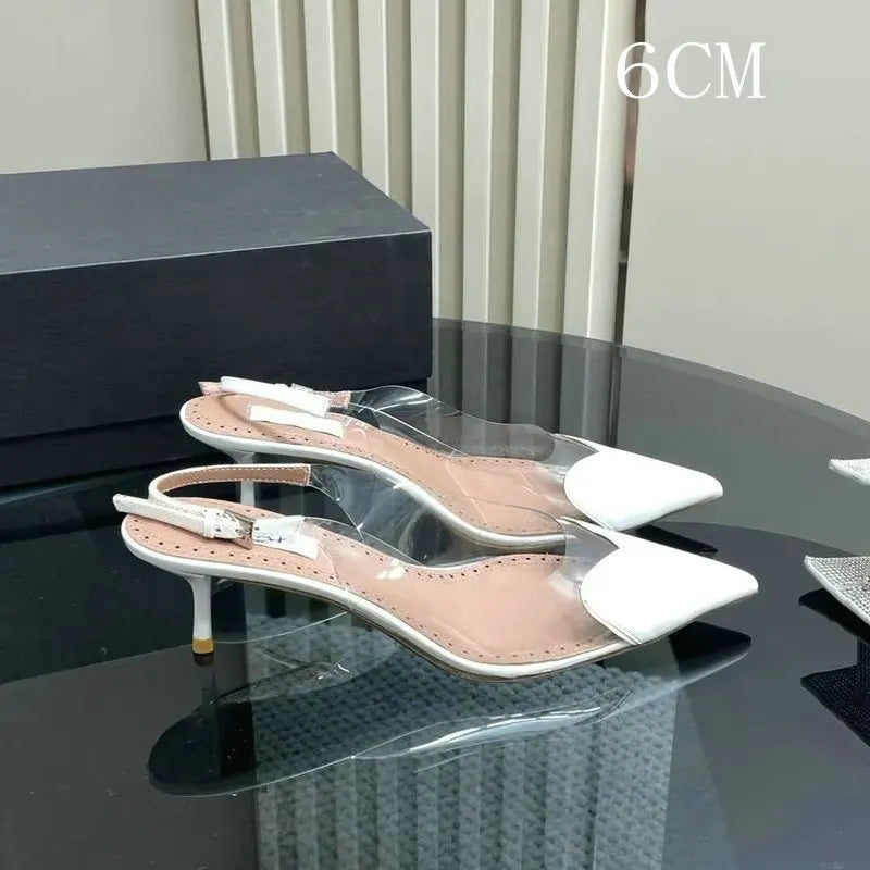 2025 European Summer New Women'S Sandals Pointy Thin Heels High Heels Back Empty Head Transparent Film Fashion Women'S Pumps