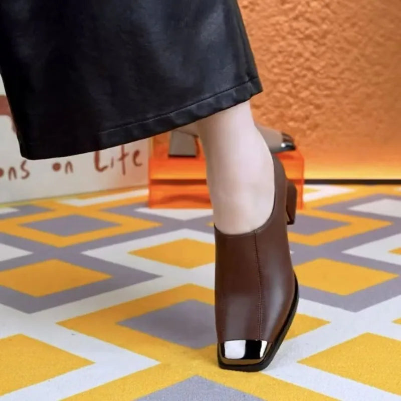 British Style Women's High Heels Woman Dress Shoes Round Toe Ladies Leather Shoes Diamond Decor Office Commute Comfortable Pumps