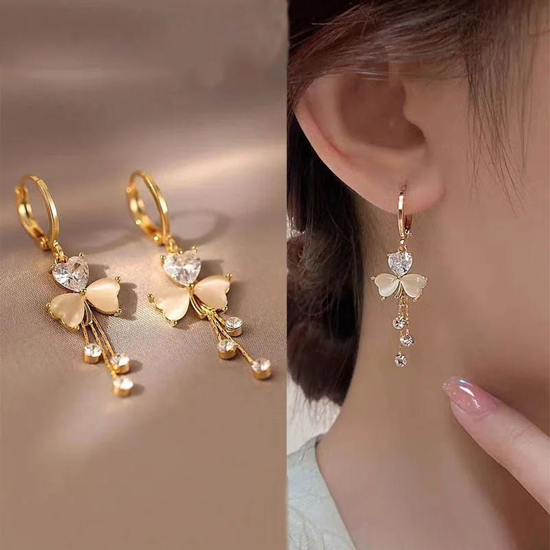New Korean Fashion Clover Crystal Love Heart Dangle Earrings for Women Luxury Opal Tassel Pendant Earring Jewelry Party Gifts