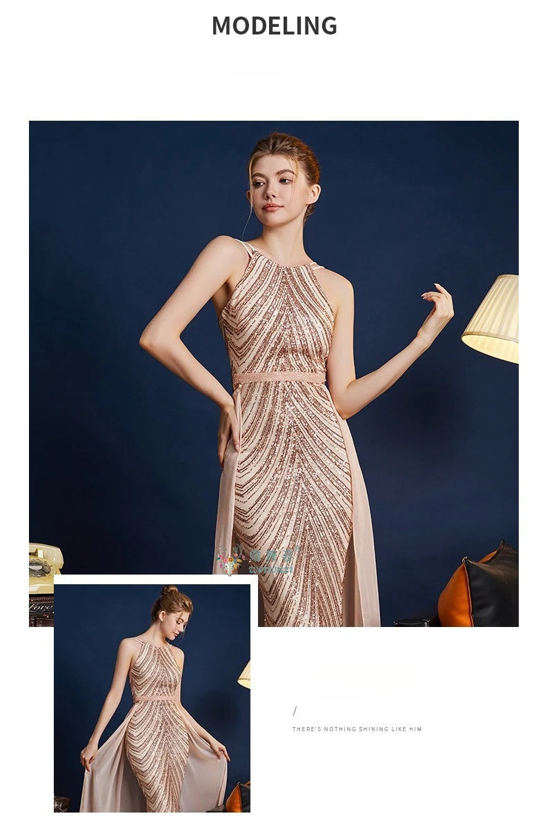 Chic High Sleeveless Sexy Backless Beading Sequined Mermaid Formal Evening Dresses Birthday Party Prom Gowns Elegant Luxury