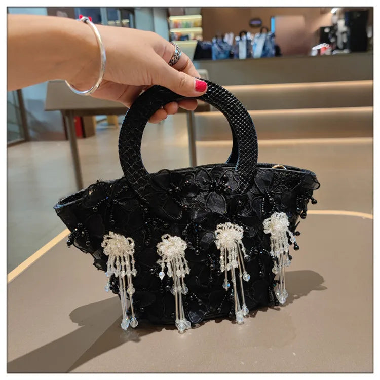 Tassel Flower Ita Bag Women New Shoulder Crossbody Sac A Main Lace Women's Bag Bucket Female Leather Handbag