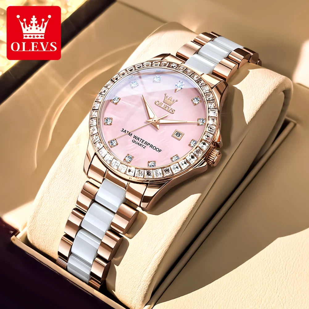 OLEVS New Luxury Ceramic Strap Quartz Watch Women Elegant Diamond Bezel Ladies Wristwatch Waterproof Date Watches Womens Reloj
