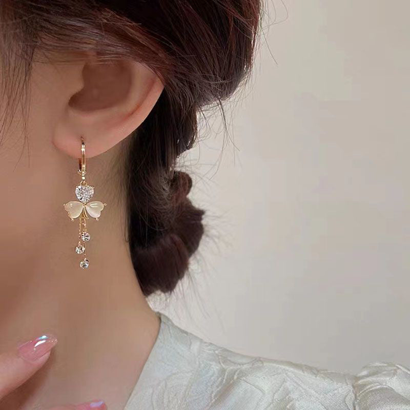 New Korean Fashion Clover Crystal Love Heart Dangle Earrings for Women Luxury Opal Tassel Pendant Earring Jewelry Party Gifts