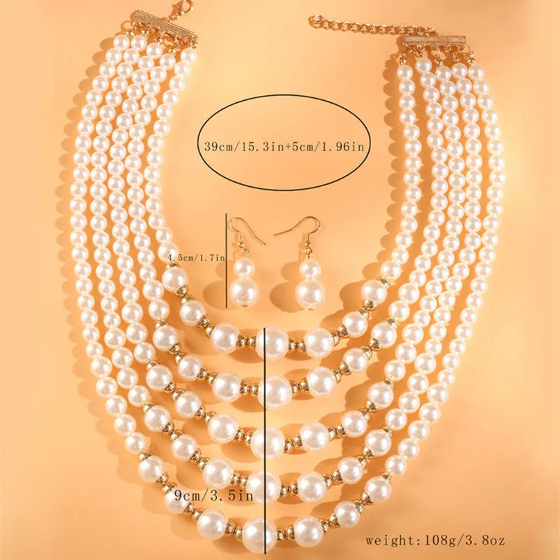 Kymyad Jewelry Sets Simulated Pearl Beads Multilayer Necklace Earrings Set For Women Bijoux Statement Collar Necklace Set