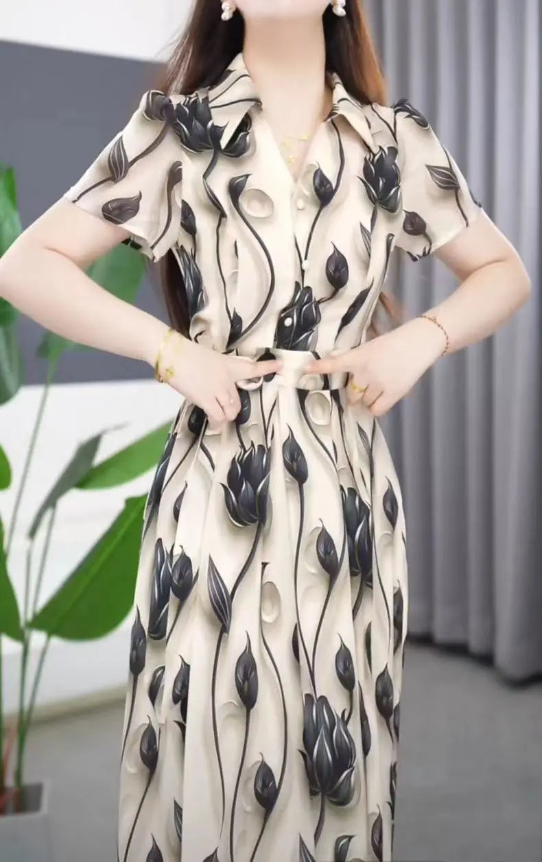 Women's Exquisite Printed Short Sleeved Dress 2024 Summer New Elegant And Beautiful Medium-length Shirt Skirt Mother's Outfit