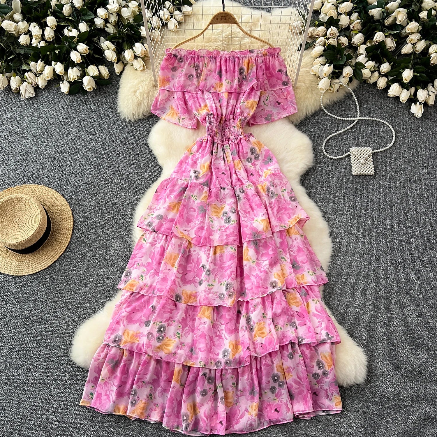 French Vintage Off Shoulder Short Sleeve Ruffle Tiered Long Dresses Chic Casual Beach Vacation Women Summer Chiffon Clothing