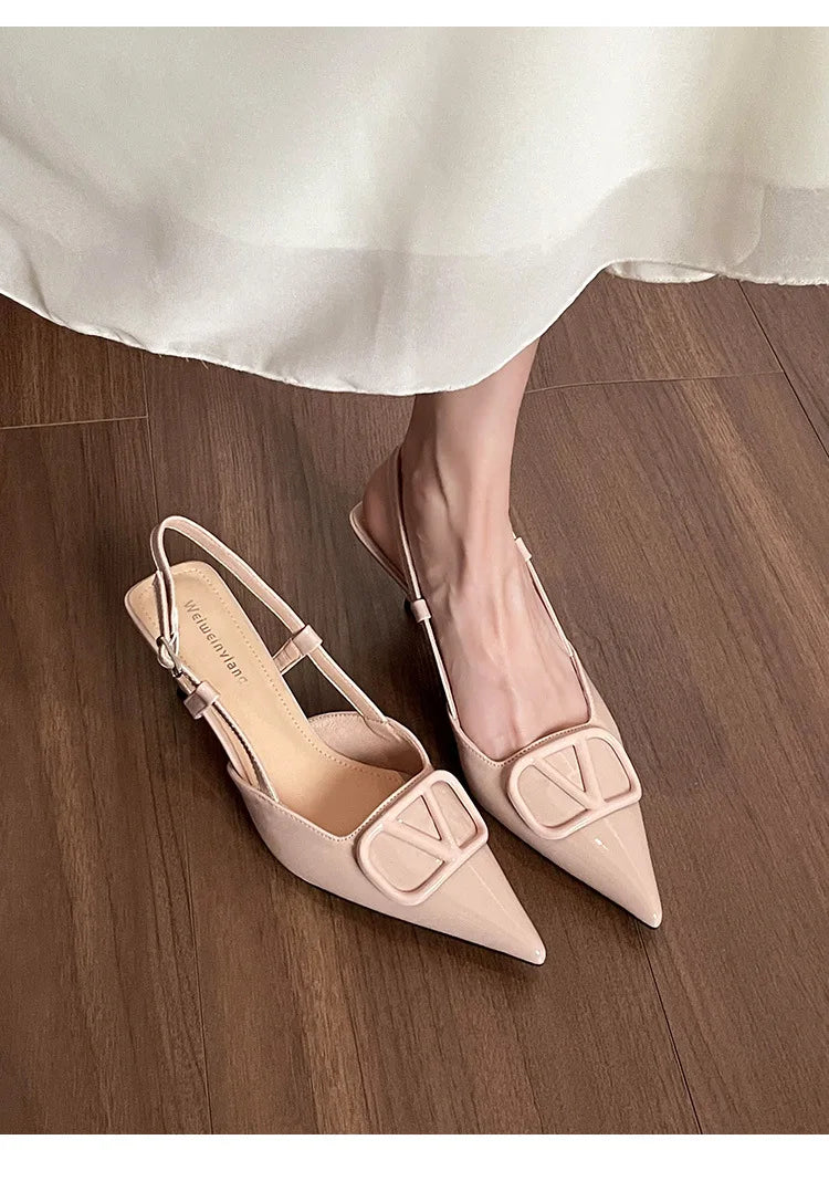 2025 Summer New 41-42 Large Size French Sandals Women's V Buckle Pointed Stilettos, Rear Empty Skirt High Heels