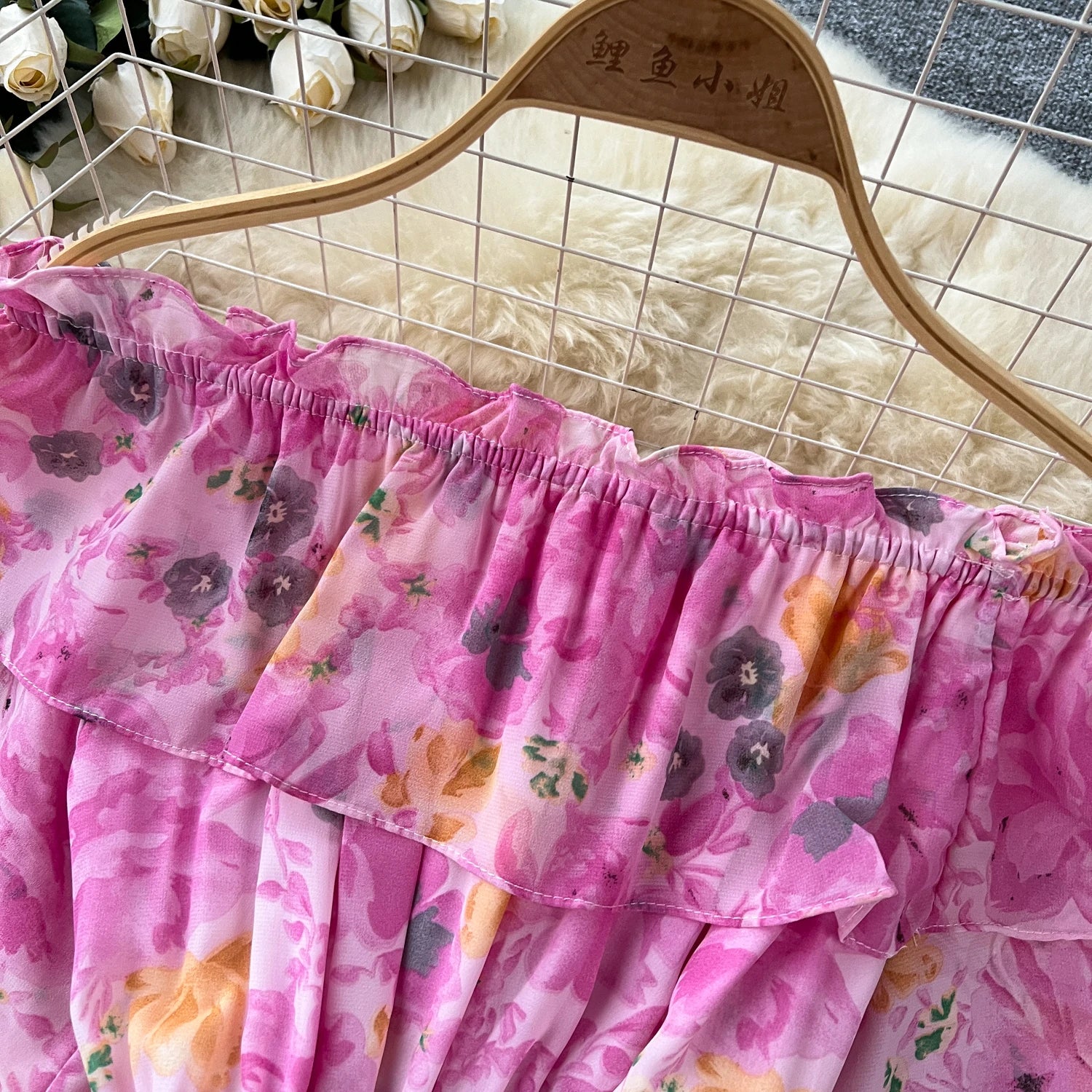 French Vintage Off Shoulder Short Sleeve Ruffle Tiered Long Dresses Chic Casual Beach Vacation Women Summer Chiffon Clothing