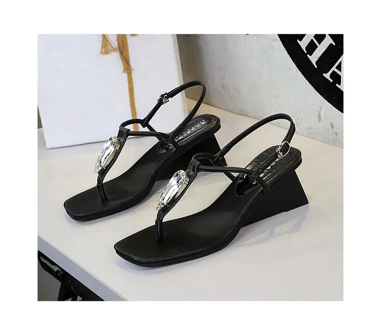 Wedge Heel with Herringbone Sandals Women's Rhinestone Thin Strap Toe Women's High Heels