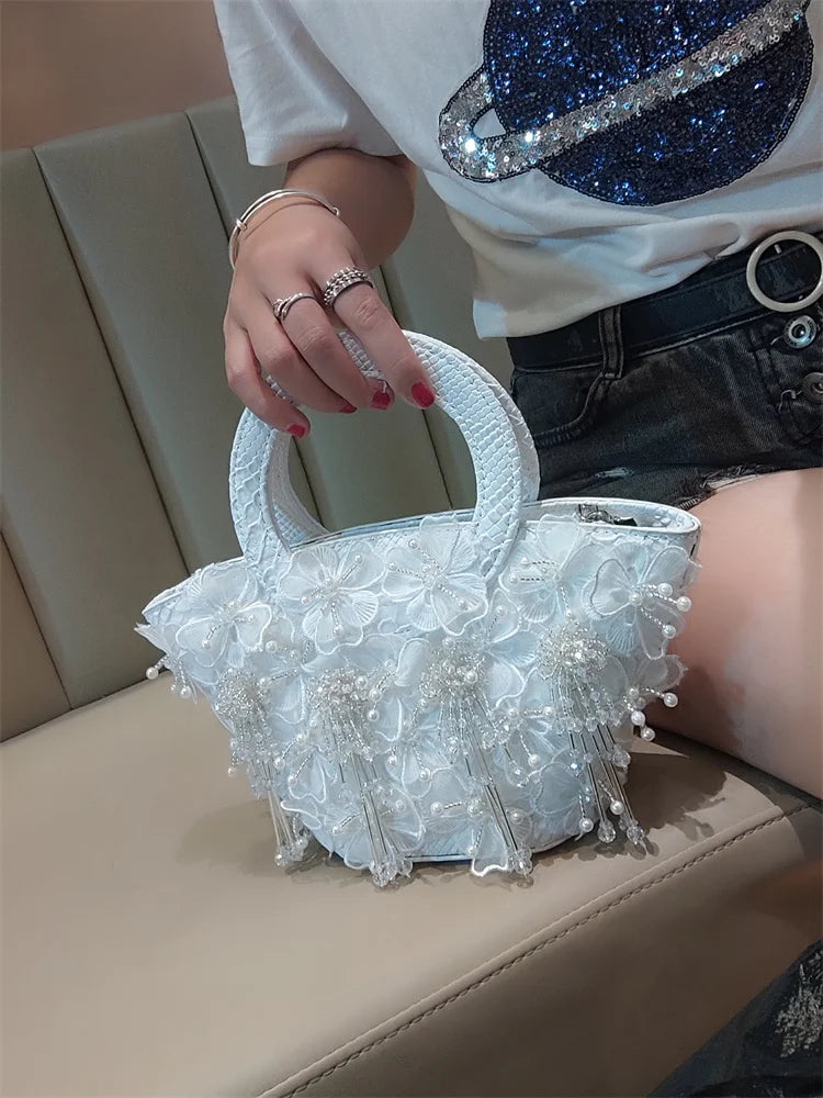 Tassel Flower Ita Bag Women New Shoulder Crossbody Sac A Main Lace Women's Bag Bucket Female Leather Handbag