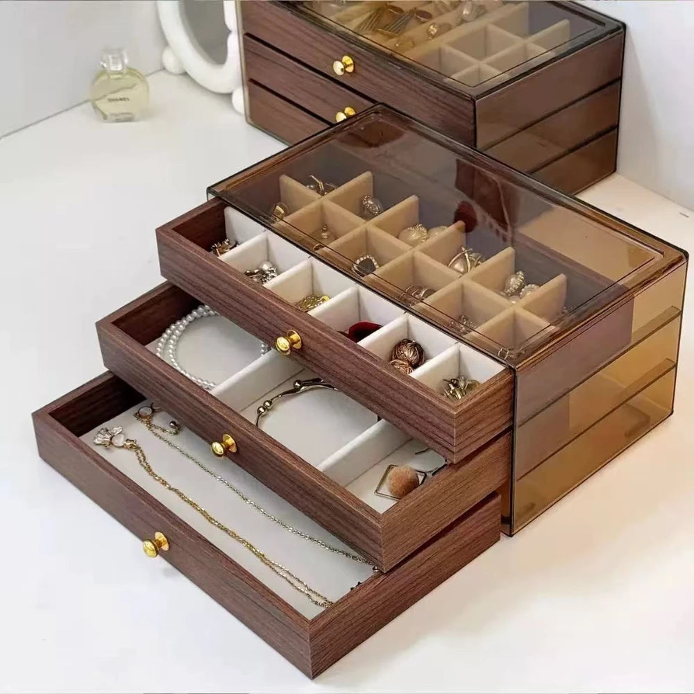 Multi-layer Wooden Jewelry Box Transparent Window Rings Necklace Jewelry Storage Case Organizer Bracelet Earrings