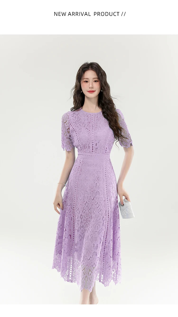 High Quality Lace Hollow Out Women Long Elegant Office Dress Summer French Chic Casual Vintage Purple Short Sleeve A-line Dress