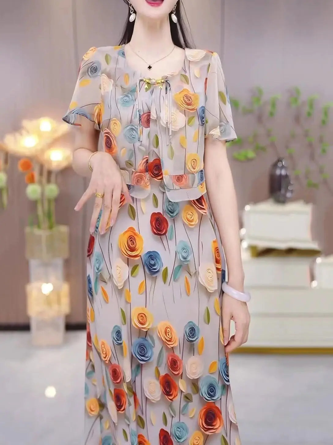 Women's Exquisite Printed Short Sleeved Dress 2024 Summer New Elegant And Beautiful Medium-length Shirt Skirt Mother's Outfit