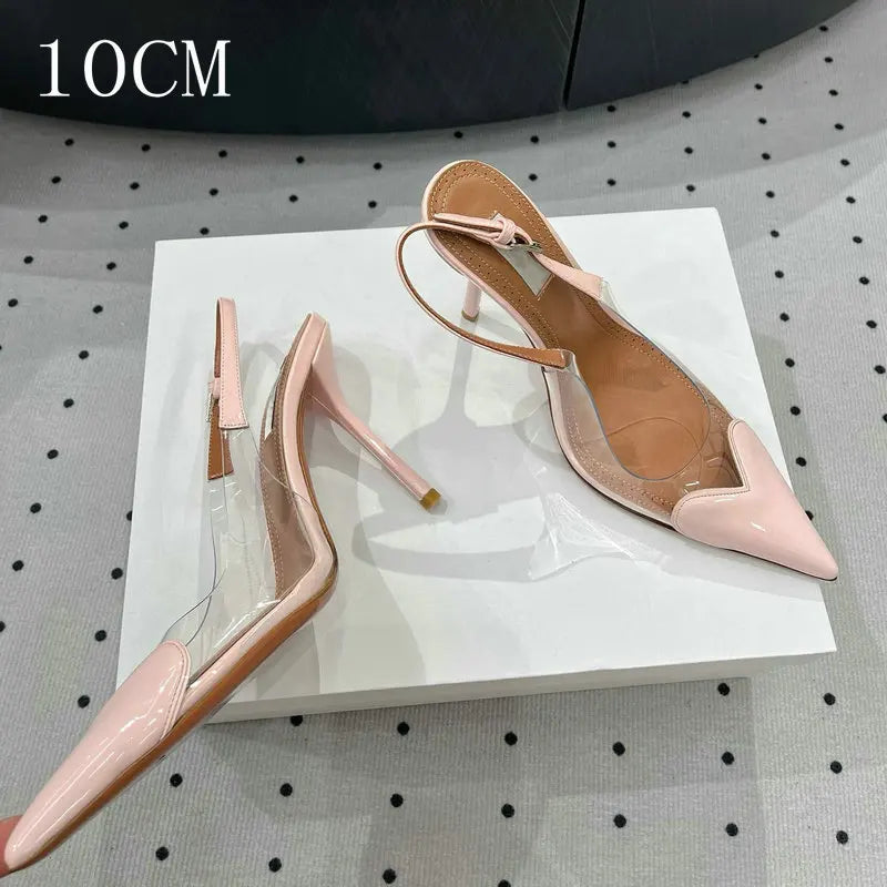 2025 European Summer New Women'S Sandals Pointy Thin Heels High Heels Back Empty Head Transparent Film Fashion Women'S Pumps
