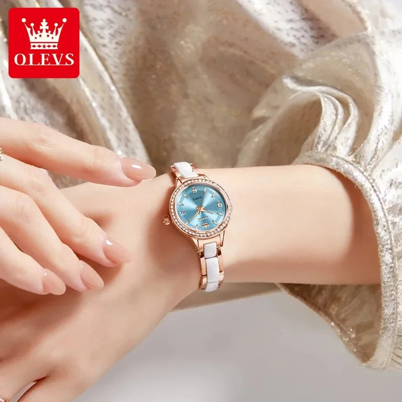 OLEVS Luxury Quartz Watch Women Elegant Ceramics Strap Waterproof Auto Date Luxury Lap Ladies Watches 7093
