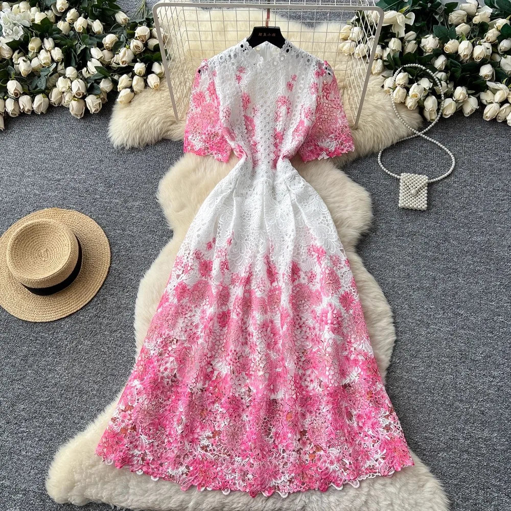 Designer Runway Summer White Flower Embroidery Evening Dress Women Short Sleeve Sexy Hollow Out Waist Long Vestidos Lace Dresses