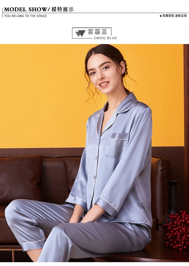100% Mulberry Silk Pajamas Women Summer Winter Spring Long-sleeved Two-piece Couple Home Service Silk Pajamas For Lady