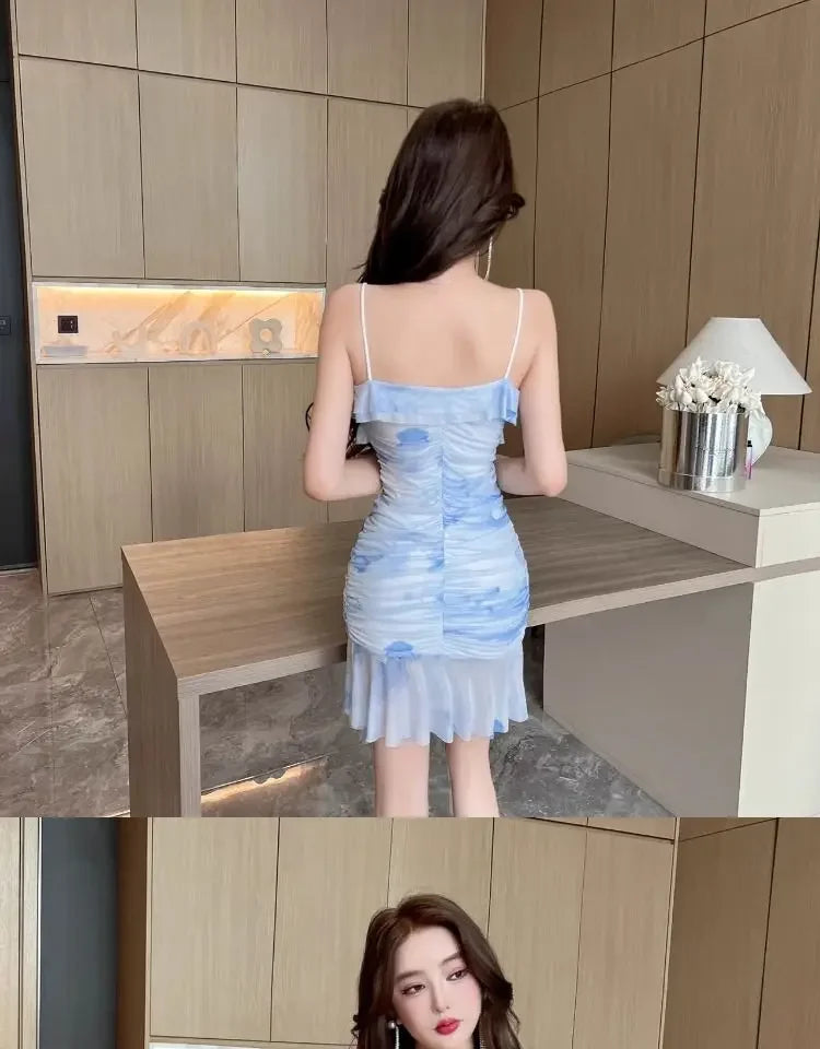 Summer French Pure Sexy Mesh Printed Suspender Dress Waist Pleated Bag