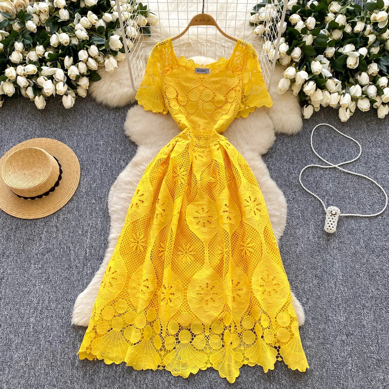 France Elegant Fashion Slim Evening Dress Women Hollow Out Lace Crochet Party Dress Female Casual Chic High End Clothing New