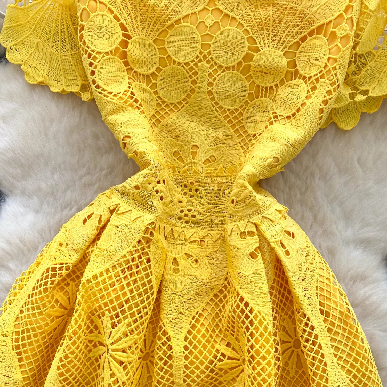 France Elegant Fashion Slim Evening Dress Women Hollow Out Lace Crochet Party Dress Female Casual Chic High End Clothing New