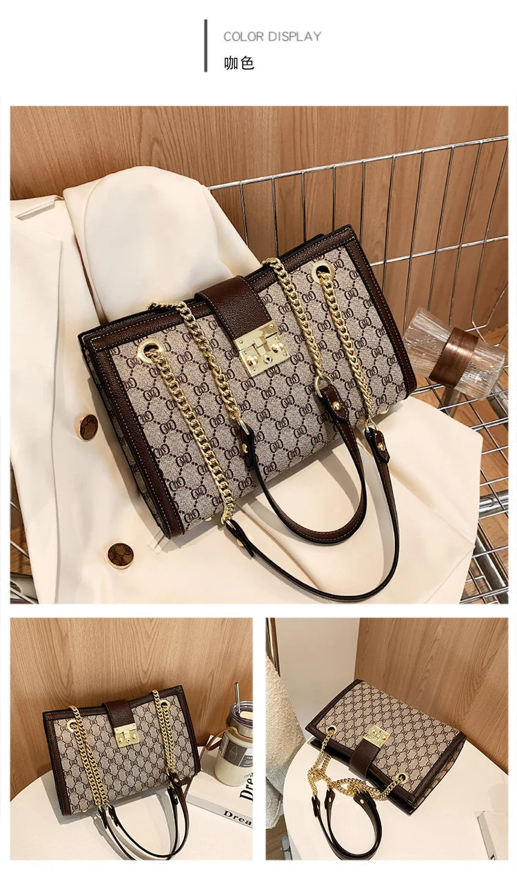 Women's Bag 2025 New Fashion European and American Retro Print Large Capacity Tote Bag Chain Shoulder Underarm Bag Wholesale