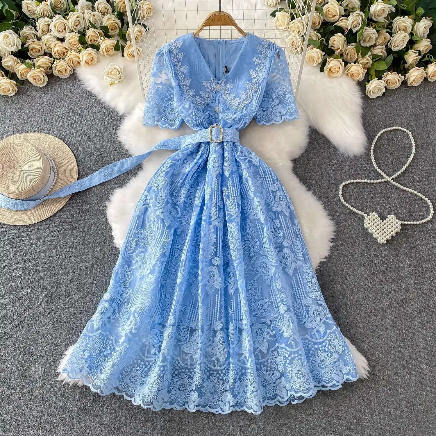 Luxury Formal Evening Lace Dress Women Summer Short Sleeve Crochet Embroidery Prom Long Dresses Runway Party Vestidos
