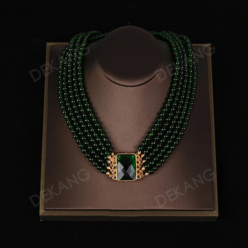 Exaggerated Green Crystal And Glass Multi-Layered Wearing Set Necklace Earrings