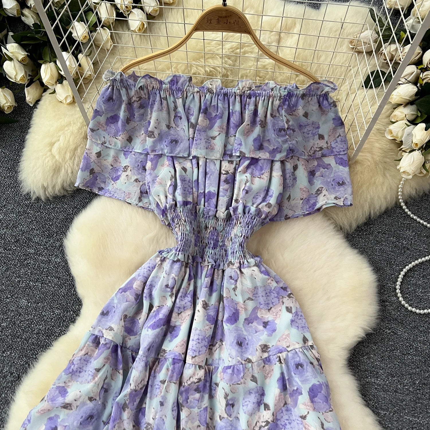 French Vintage Off Shoulder Short Sleeve Ruffle Tiered Long Dresses Chic Casual Beach Vacation Women Summer Chiffon Clothing