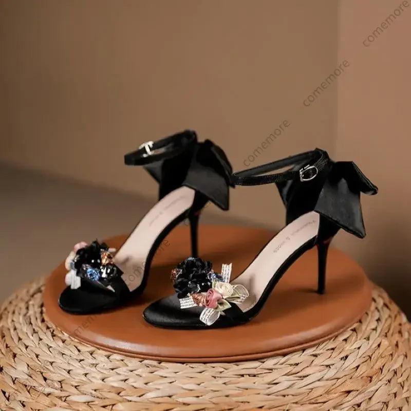 Summer Fashion Shoes Woman Pumps Open Toe Satin Flower Bow Buckle High Heels Ladies Sandals Women's Dress Wedding Party Shoes