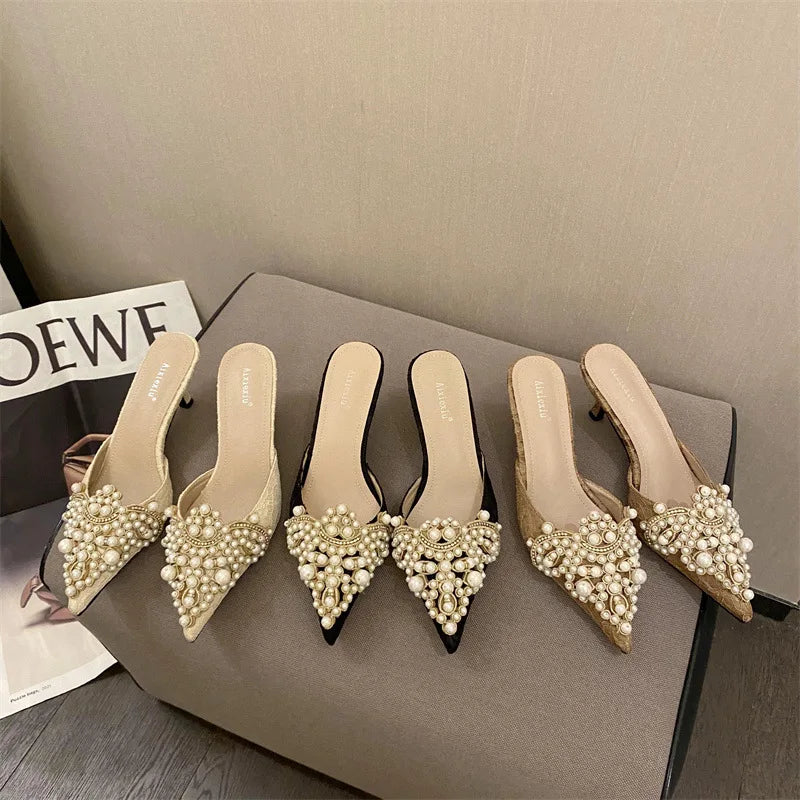 New Slippers Fashion Pointy Head Pearl Half Slippers Fine Heeled Sandals Women's Shoes 42 Yards Middle Heeled Mules Shoes