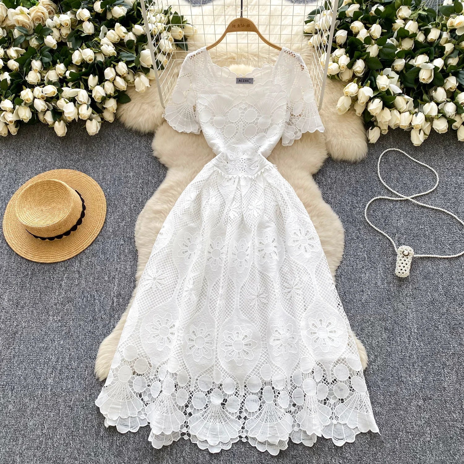 France Elegant Fashion Slim Evening Dress Women Hollow Out Lace Crochet Party Dress Female Casual Chic High End Clothing New