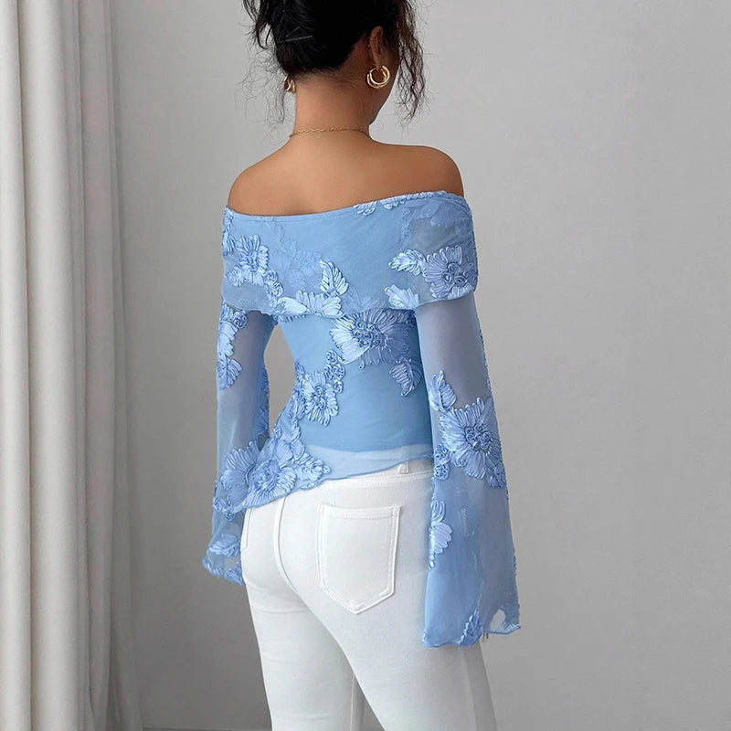 Sexy Irregular Off Shoulder Printed Long Sleeve T-Shirt Women Elegant Slim Fit T Shirts For Women Fashion Tops Tee
