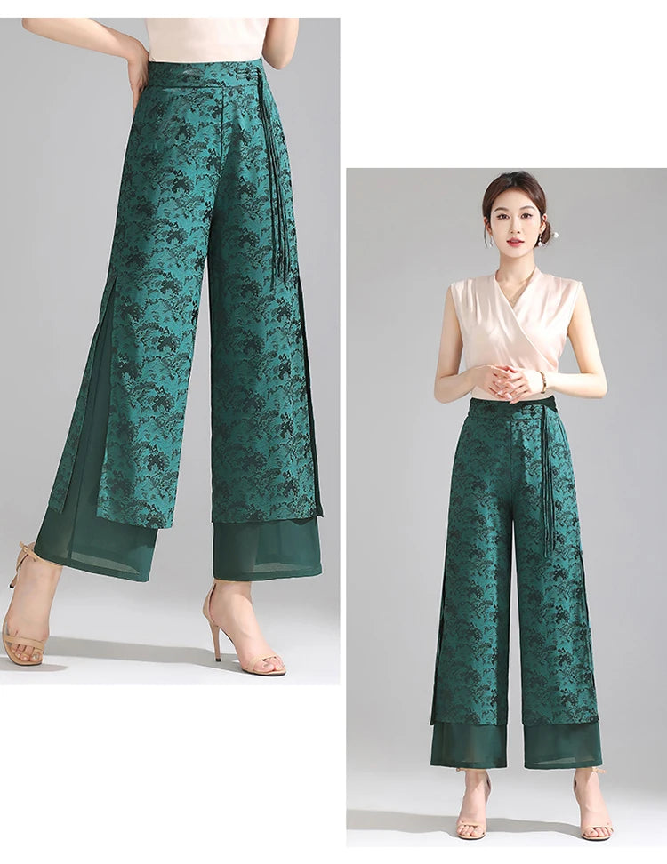 Chiffon Wide Wide Trousers Female Elegant Vintage New Pants Summer Thin Split Loose Skirt Pants Women Black Green