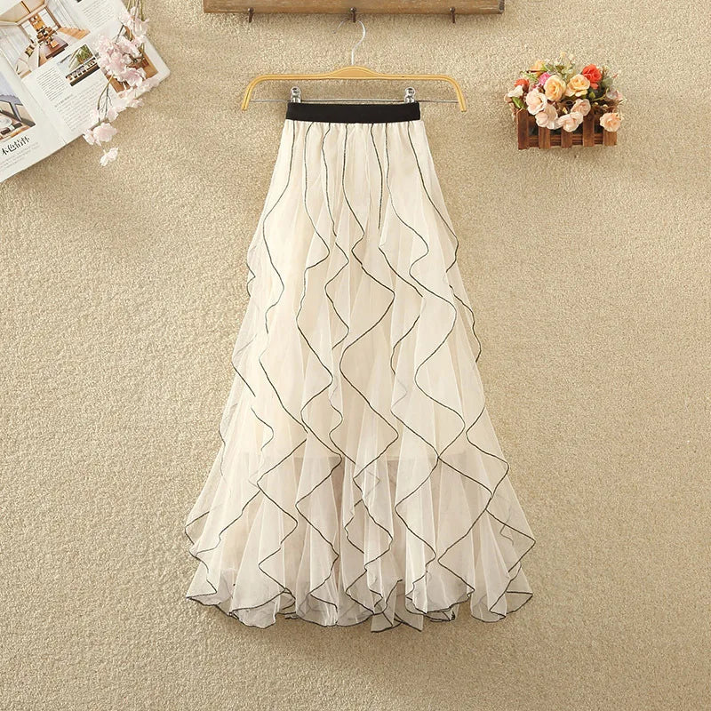 Women's Elegant Wave Pattern Fairy Mesh Ruffle Skirt High Waist A-Line Large Swing Long Skirt Half Body Skirts Ropa Para Mujer
