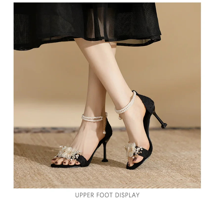 Small Size 31 32 33-43 Women Peep Toe Sandals Wedding Heels Wide Fat Feet Shoes for Women Pearl Flower Bridal Shoes Zaptos Mujer