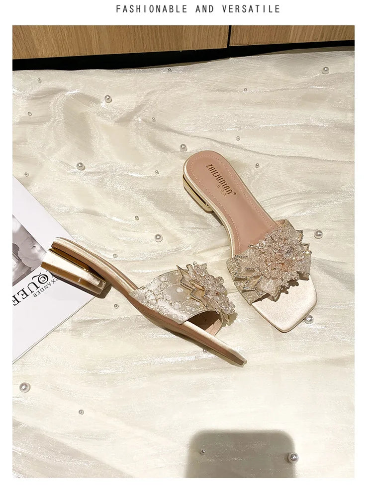 Women's Lightweight Summer Satin Gladiator Sandals and Slippers Beautiful Thick-Heeled Lace and Wedge Design