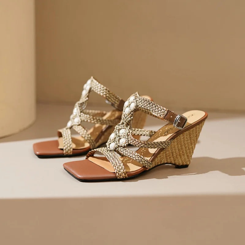 Drestrive 2025 New Arrival Fashion Women's Sandals Square Toe Wedges Weave Buckle Thick High Heels Top Quality Summer Shoes