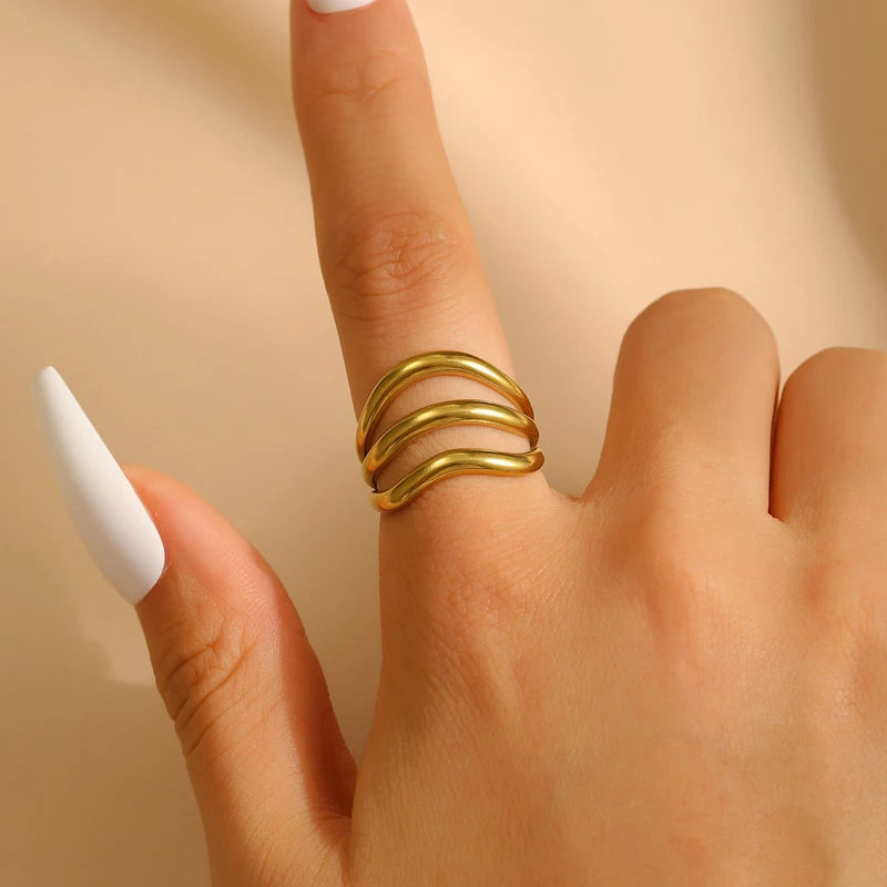 Stainless Steel Multi-Layer Wave Open Bracelet Rings Set for Women Simple Metal Twisted Lines Hand Chain Fashion Banquet Jewelry